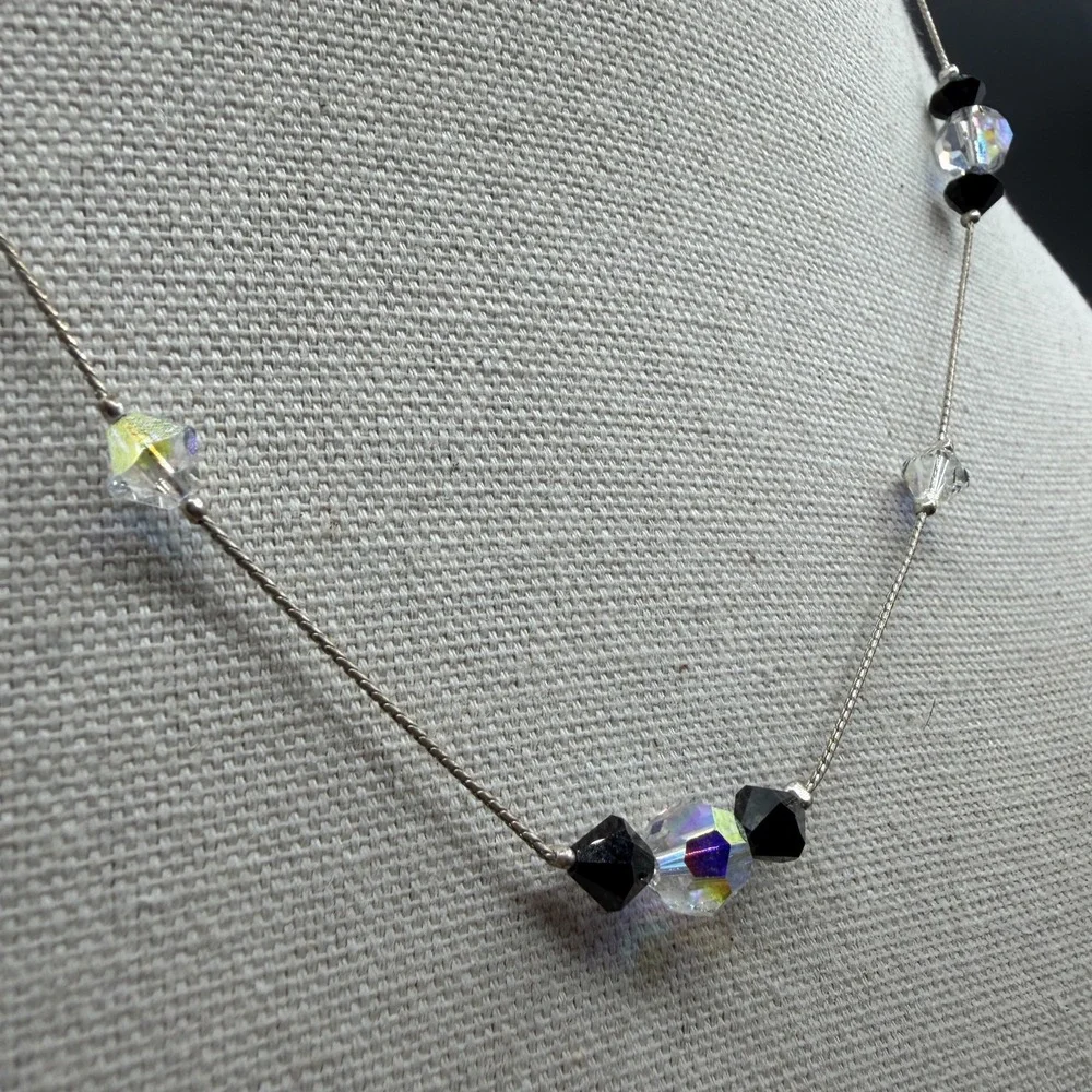 Black Clear AB Crystal Beaded Silver Tone Necklace Minimalist Y2K Sparkle Gift